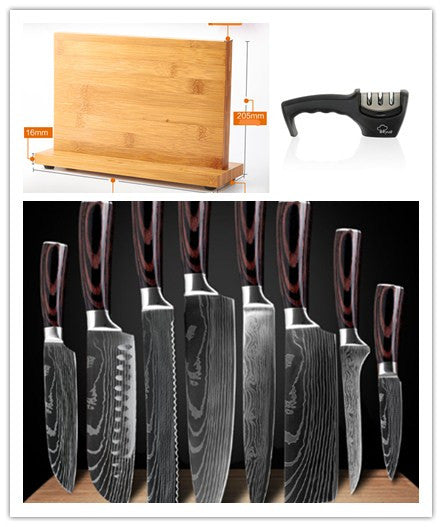 Set of 8 professional Carpenter's Special chef knives with ergonomic handles and sharp steel blades.