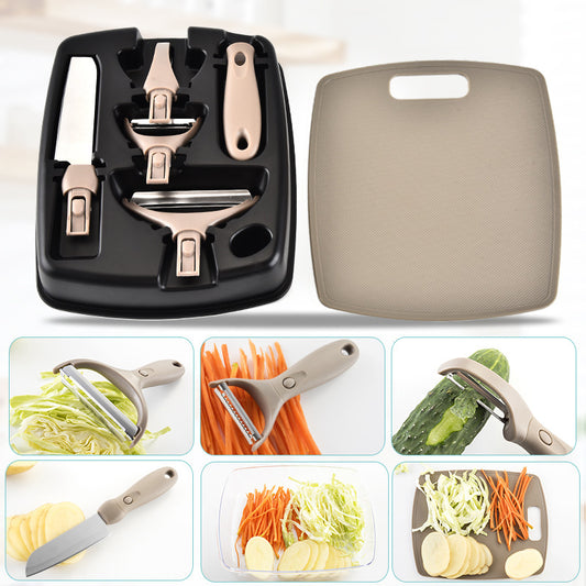 3-piece kitchen set featuring a pink wheat straw chopping board, stainless steel fruit knife, and peeler.