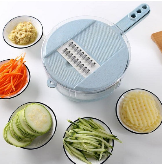8-in-1 mandoline slicer with a rotating drain basket and 8 interchangeable stainless steel blades.