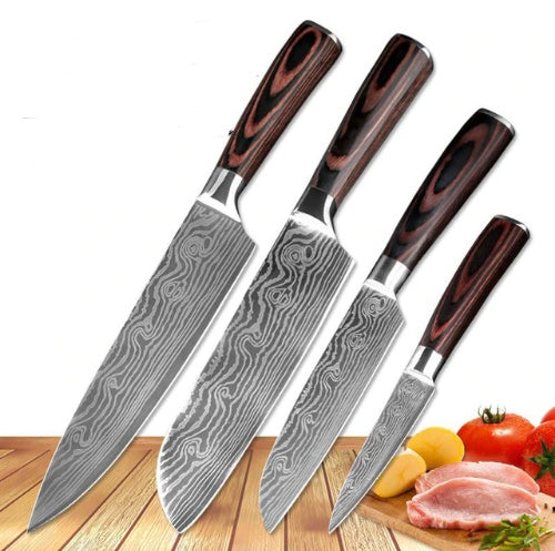 Professional 8-piece Carpenter's Special chef knife set displayed on a wooden cutting board.