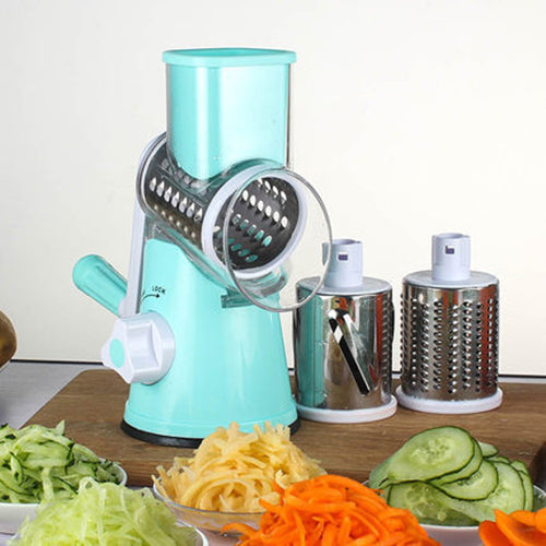 Manual round mandoline vegetable slicer with 3 interchangeable stainless steel drum blades.